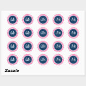 Roze en Navy Blauwe Chevrons Monogram Ronde Sticker (Vel)