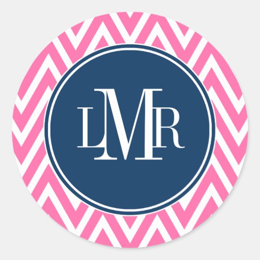 Roze en Navy Blauwe Chevrons Monogram Ronde Sticker (Voorkant)