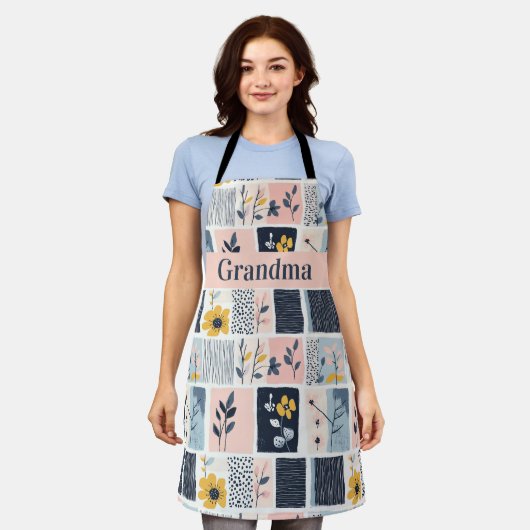  Roze en Navy Bloemen Patchwork Quilt Schort (Gedragen)