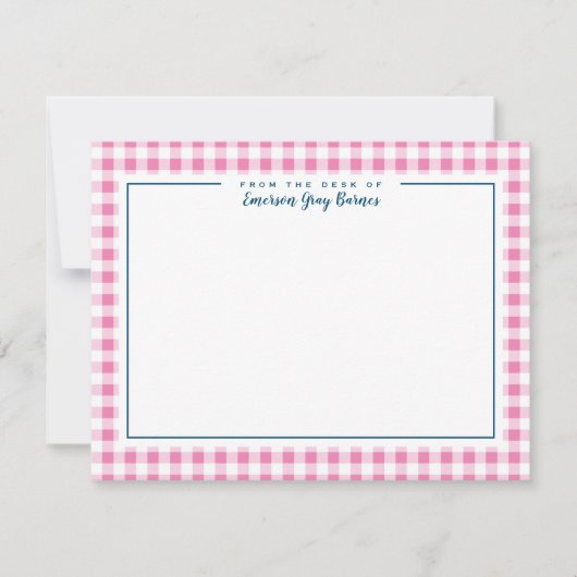 Roze en Navy Blue Accent Gingham Stationery Kaart (Voorkant)