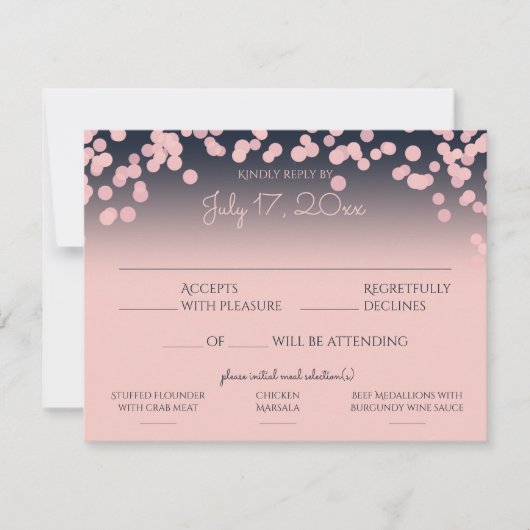 Roze en Navy Blue Bokeh Reactie met Maaltijdkeuze RSVP Kaartje (Voorkant)