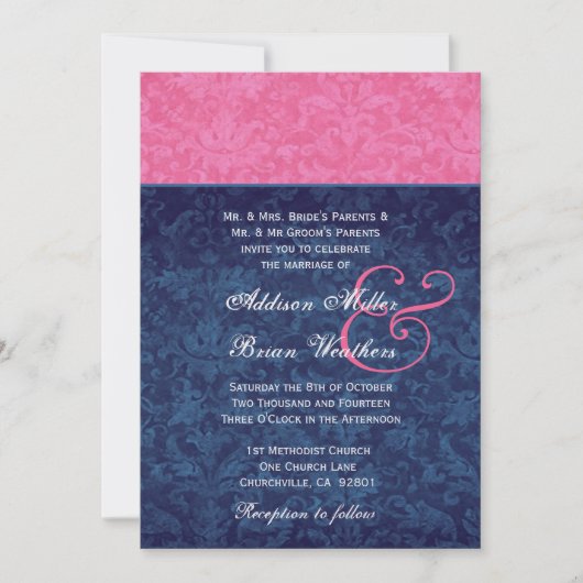 Roze en Navy Blue Damask Wedding Metallic Kaart (Voorkant)
