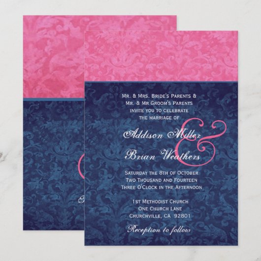 Roze en Navy Blue Damask Wedding Metallic Kaart (Voorkant / Achterkant)
