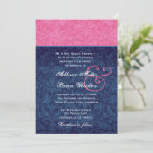 Roze en Navy Blue Damask Wedding Metallic Kaart (Staand voorkant)