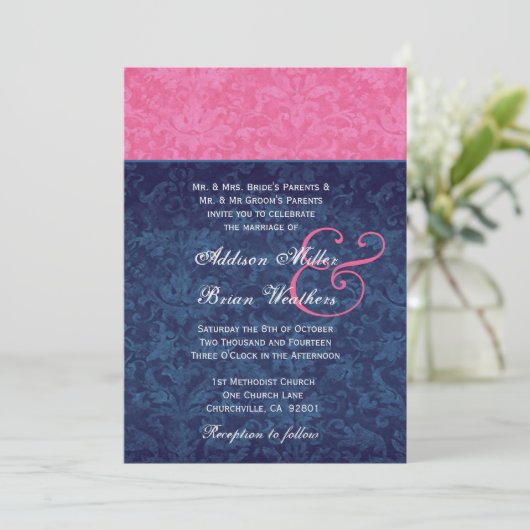 Roze en Navy Blue Damask Wedding Metallic Kaart (Staand voorkant)
