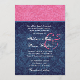 Roze en Navy Blue Damask Wedding Metallic Kaart