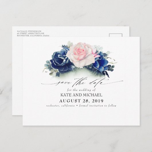 Roze en Navy Blue Floral Boho Save the Date Briefkaart (Voorkant / Achterkant)