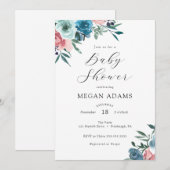 Roze en Navy Blue Flowers Baby shower Kaart (Voorkant / Achterkant)