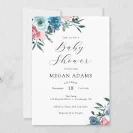 Roze en Navy Blue Flowers Baby shower Kaart