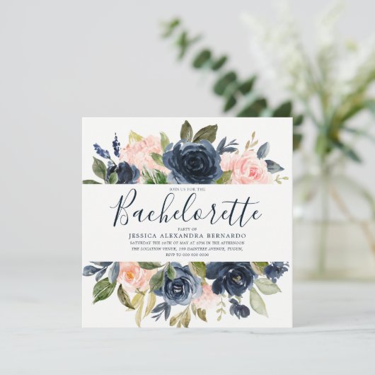 Roze en Navy Blue Flowers Bachelorette Party Kaart (Staand voorkant)