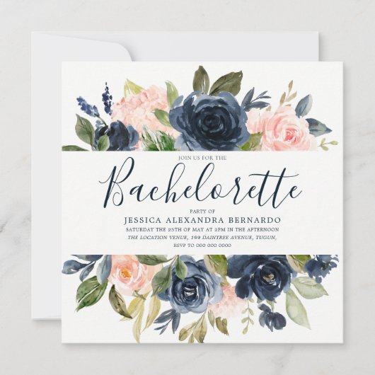 Roze en Navy Blue Flowers Bachelorette Party Kaart (Voorkant)