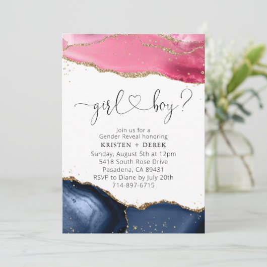 Roze en Navy Blue Geode Waterverf Gender Reveal Kaart (Staand voorkant)