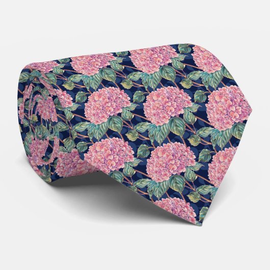 Roze en Navy Blue Hydrangea Groomsmen Stropdas (Opgerold)