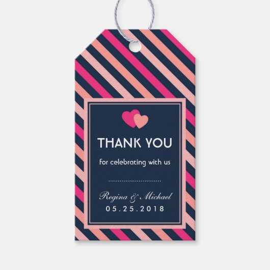 Roze en Navy Blue Love Stripes Label Cadeaulabel (Voorkant)