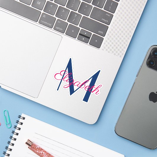 Roze en Navy Blue Monogram Sticker (Laptop met iPhone)