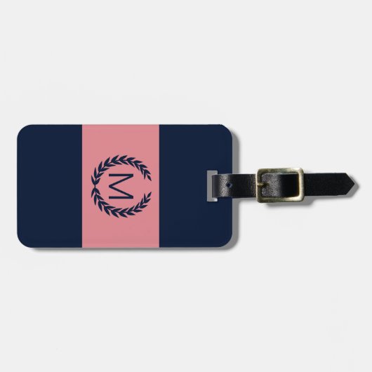 Roze en Navy Blue Stripe Laurel Wreatmonogram Bagagelabel (Voorkant horizontaal)