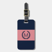Roze en Navy Blue Stripe Laurel Wreatmonogram Bagagelabel (Voorkant verticaal)