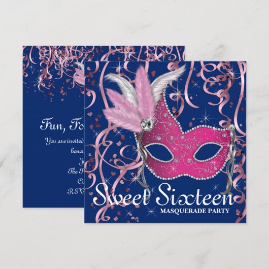 Roze en Navy Blue Sweet Sixteen Party Kaart (Voorkant / Achterkant)