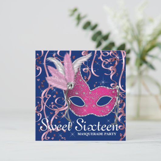 Roze en Navy Blue Sweet Sixteen Party Kaart (Staand voorkant)