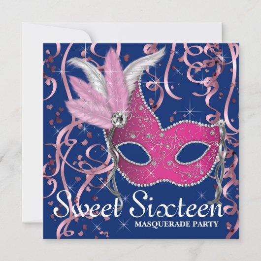 Roze en Navy Blue Sweet Sixteen Party Kaart (Voorkant)