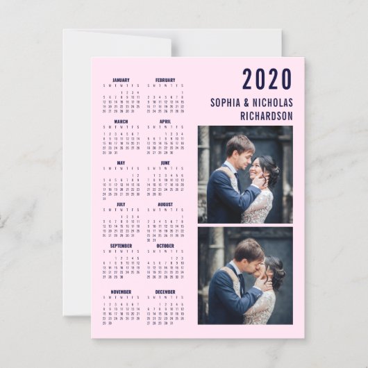 Roze en Navy Blue Two Photo 2020 Calendar Magnet Magnetische Uitnodiging (Voorkant)