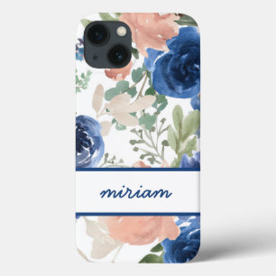 Roze en Navy Blue Waterverf Floral Name Case-Mate iPhone Case