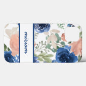 Roze en Navy Blue Waterverf Floral Name Case-Mate iPhone Case (Achterkant (horizontaal))