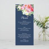 Roze en Navy Blue Waterverf Flowers Menu Kaarten (Staand voorkant)