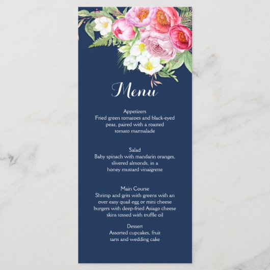 Roze en Navy Blue Waterverf Flowers Menu Kaarten (Voorkant)