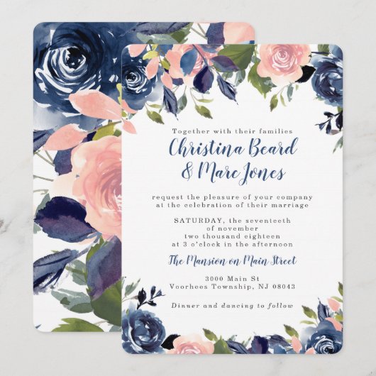 Roze en Navy Blue Wedding Invitations Kaart (Voorkant / Achterkant)