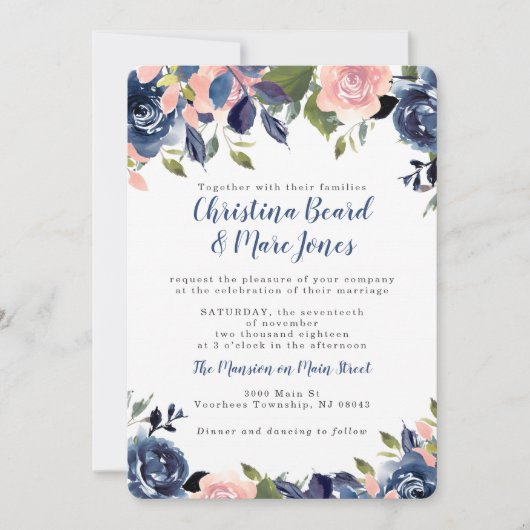 Roze en Navy Blue Wedding Invitations Kaart (Voorkant)