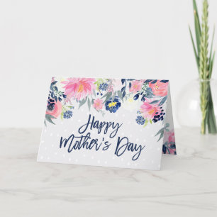 Roze en Navy Flowers   Happy Moederdag Kaart