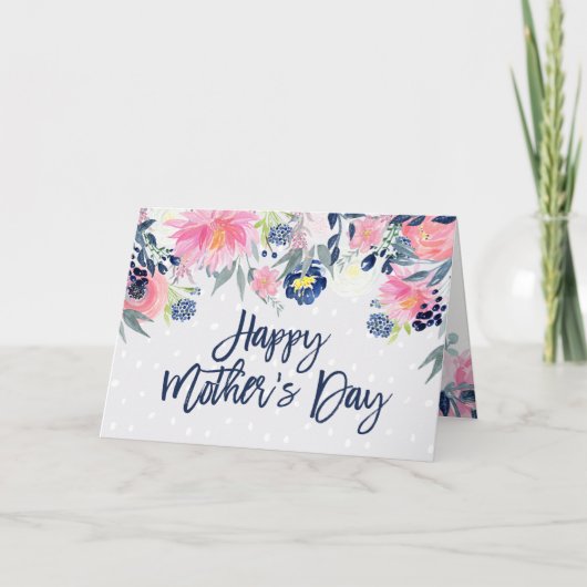 Roze en Navy Flowers | Happy Moederdag Kaart (Voorkant)