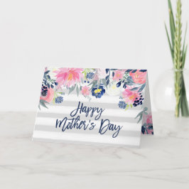 Roze en Navy Flowers | Stripes Happy Moederdag Kaart