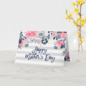 Roze en Navy Flowers | Stripes Happy Moederdag Kaart (Gele Bloem)
