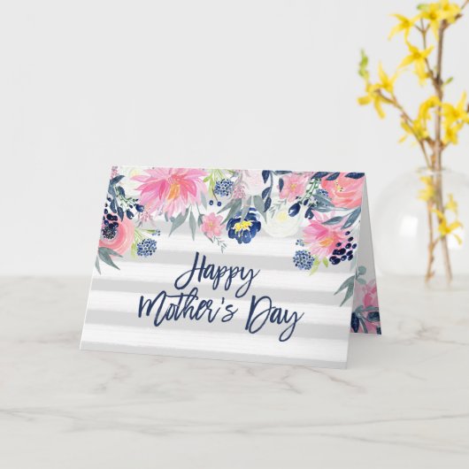 Roze en Navy Flowers | Stripes Happy Moederdag Kaart (Gele Bloem)