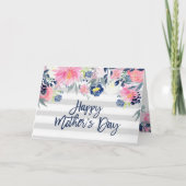 Roze en Navy Flowers | Stripes Happy Moederdag Kaart (Voorkant)
