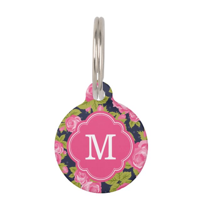 Roze en Navy  Rozen Monogram Huisdierpenning (Voorkant)