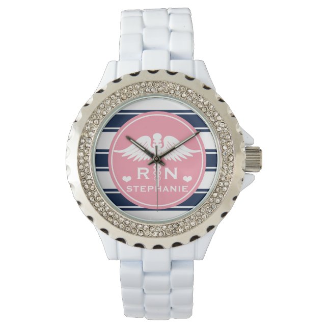 Roze en Navy Stripe Caduceus RN Verpleegster Horloge (Voorkant)