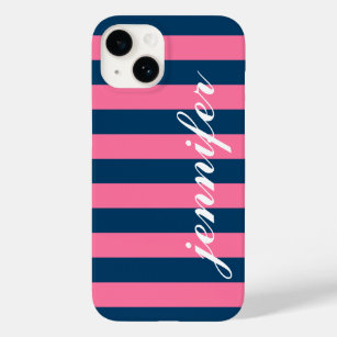 Roze en Navy Stripes - Naam van aangepaste monogra Case-Mate iPhone Case