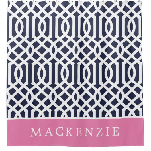Roze en Navy Trellis Monogram Douchegordijn (Voorkant)