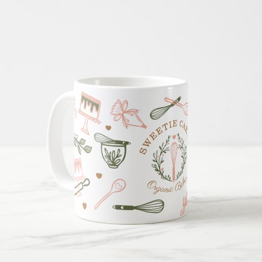 Roze en olijfgroene bakkerij- en kookartikelen koffiemok (Voorkant links)