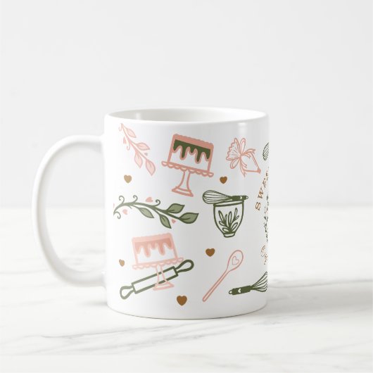 Roze en olijfgroene bakkerij- en kookartikelen koffiemok (Links)