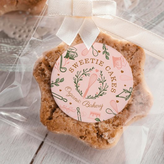 Roze en olijfgroene bakkerij- en kookartikelen ronde sticker