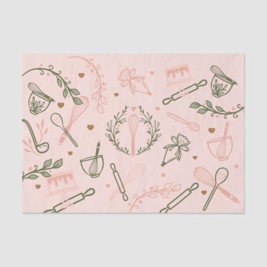 Roze en olijfgroene bakkerij- en kookartikelen tissuepapier (Voorkant)