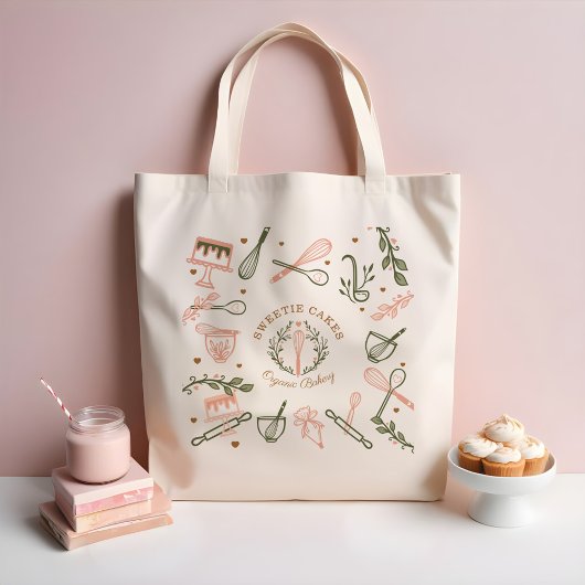 Roze en olijfgroene bakkerij- en kookartikelen tote bag