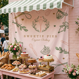 Roze en olijfgroene bakkerij- en kookartikelen wandkleed