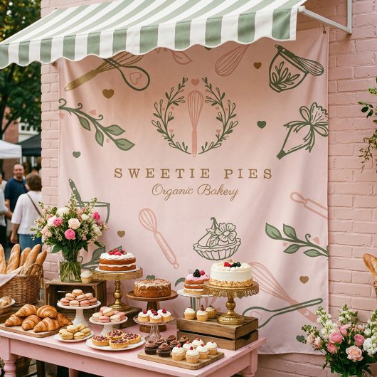 Roze en olijfgroene bakkerij- en kookartikelen wandkleed