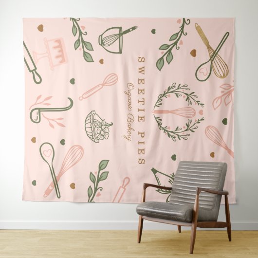 Roze en olijfgroene bakkerij- en kookartikelen wandkleed (In Situ (horizontaal))