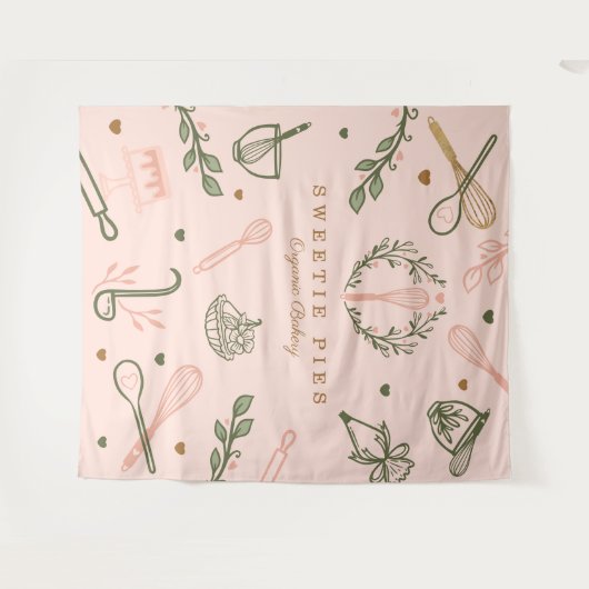 Roze en olijfgroene bakkerij- en kookartikelen wandkleed (Voorkant (horizontaal))